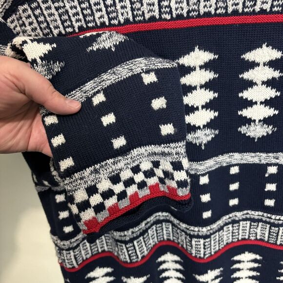Vintage 90s Liz & Me 3D Knit Chunky Knit Sweater Geometric Navy Red White Med - Picture 5 of 6